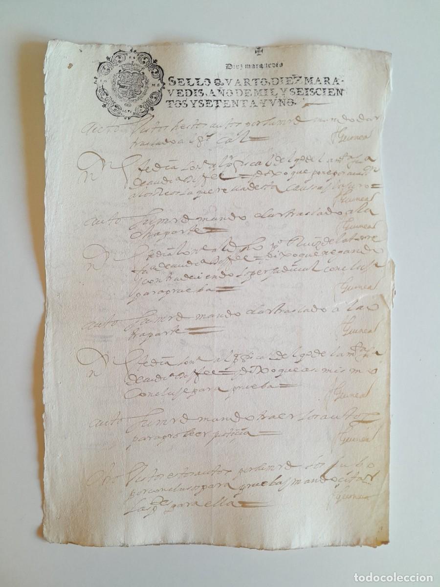 Manuscritos antiguos: PAPEL TIMBRADO DE SELLO CUARTO A&Ntilde;O 1671 - LUGAR DESCONOCIDO