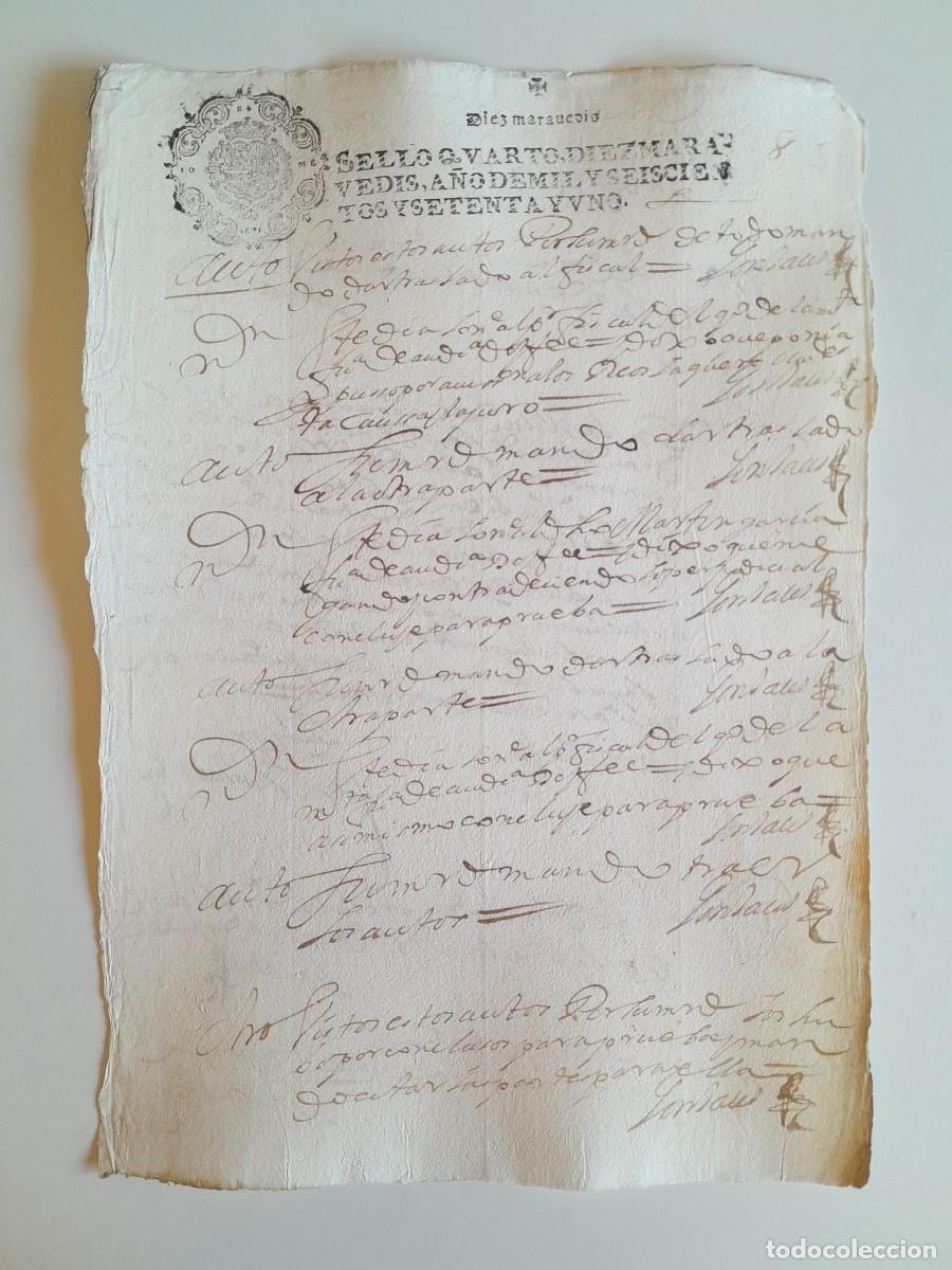 Manuscritos antiguos: PAPEL TIMBRADO DE SELLO CUARTO A&Ntilde;O 1671 - LUGAR DESCONOCIDO