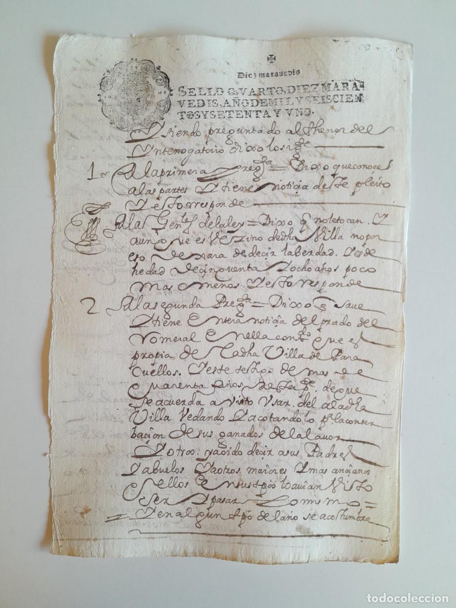 Manuscritos antiguos: PAPEL TIMBRADO DE SELLO CUARTO A&Ntilde;O 1671 - LUGAR DESCONOCIDO