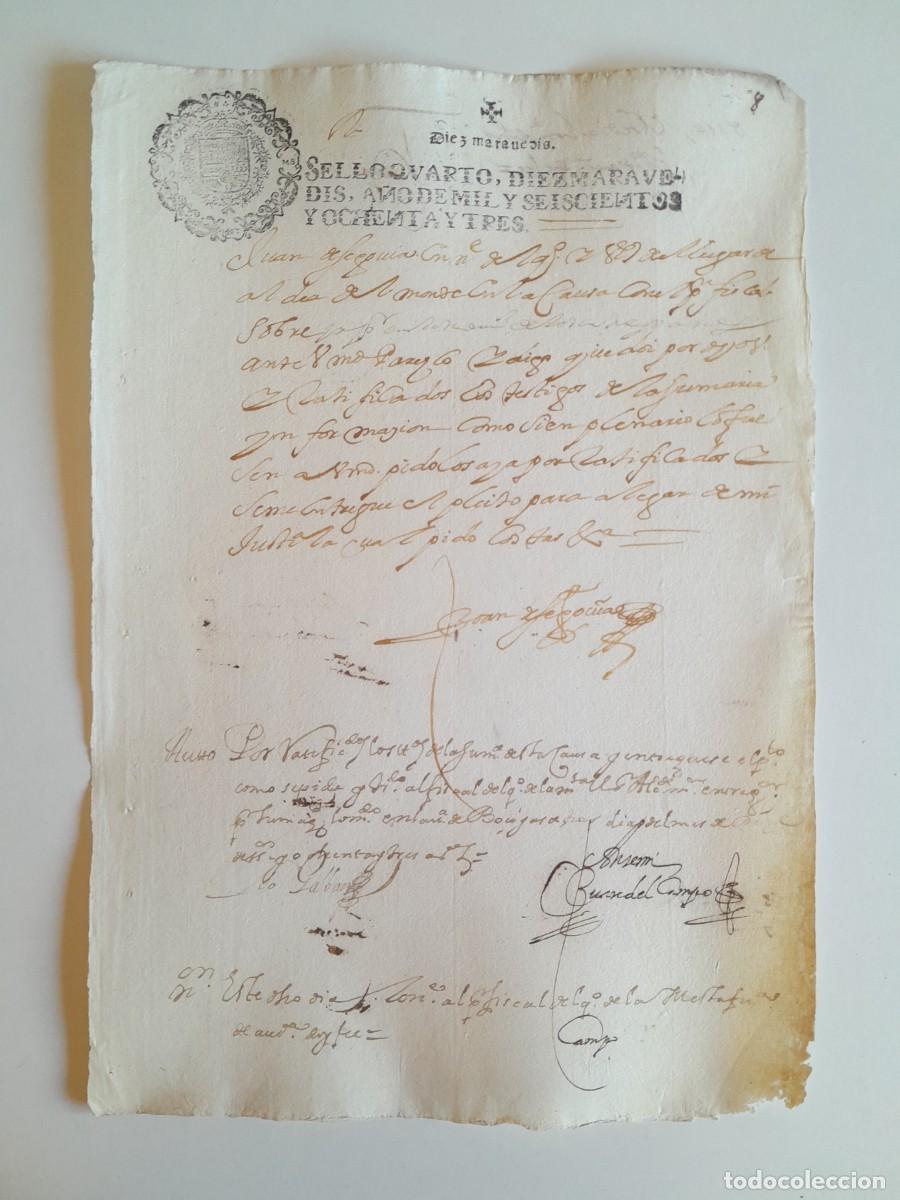 Manuscritos antiguos: PAPEL TIMBRADO DE SELLO CUARTO A&Ntilde;O 1683 - LUGAR DESCONOCIDO