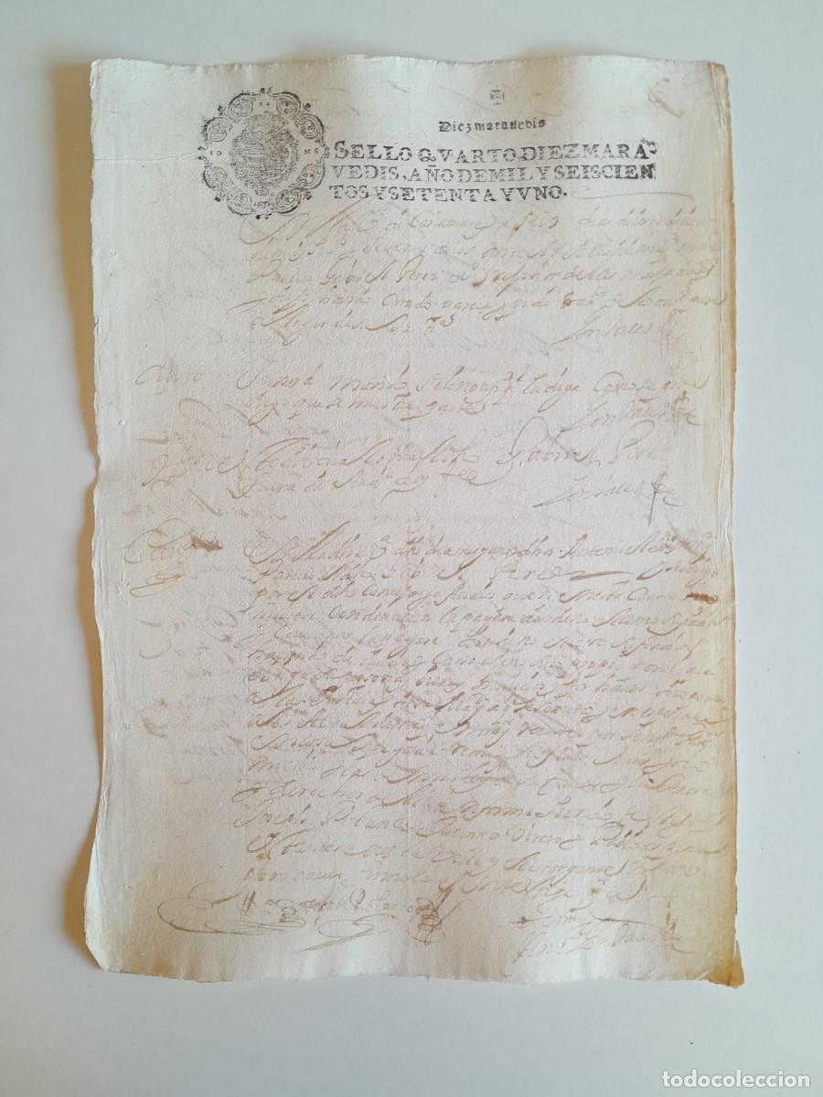Manuscritos antiguos: PAPEL TIMBRADO DE SELLO CUARTO A&Ntilde;O 1671 - LUGAR DESCONOCIDO