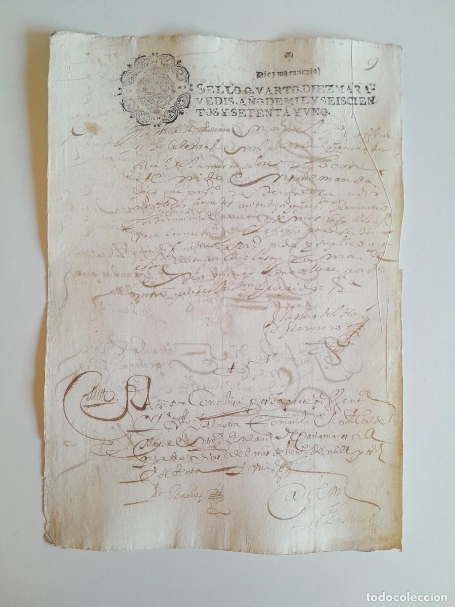 Manuscritos antiguos: PAPEL TIMBRADO DE SELLO CUARTO A&Ntilde;O 1671 - LUGAR DESCONOCIDO