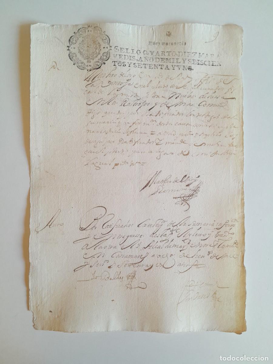 Manuscritos antiguos: PAPEL TIMBRADO DE SELLO CUARTO A&Ntilde;O 1671 - LUGAR DESCONOCIDO