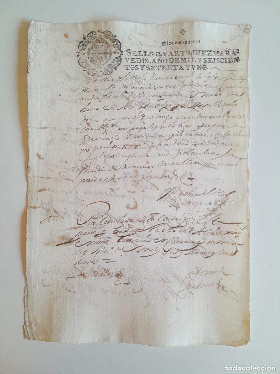Manuscritos antiguos: PAPEL TIMBRADO DE SELLO CUARTO A&Ntilde;O 1671 - LUGAR DESCONOCIDO