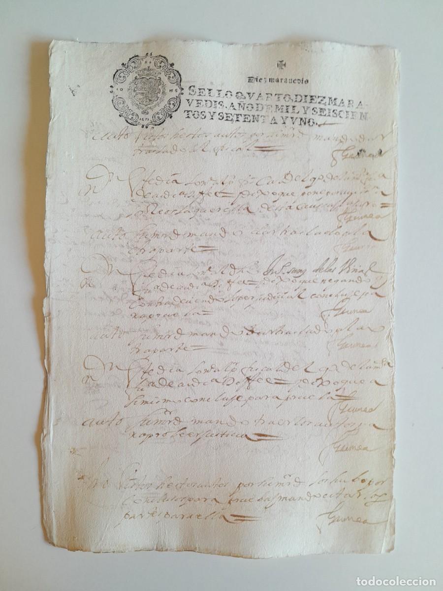 Manuscritos antiguos: PAPEL TIMBRADO DE SELLO CUARTO A&Ntilde;O 1671 - LUGAR DESCONOCIDO