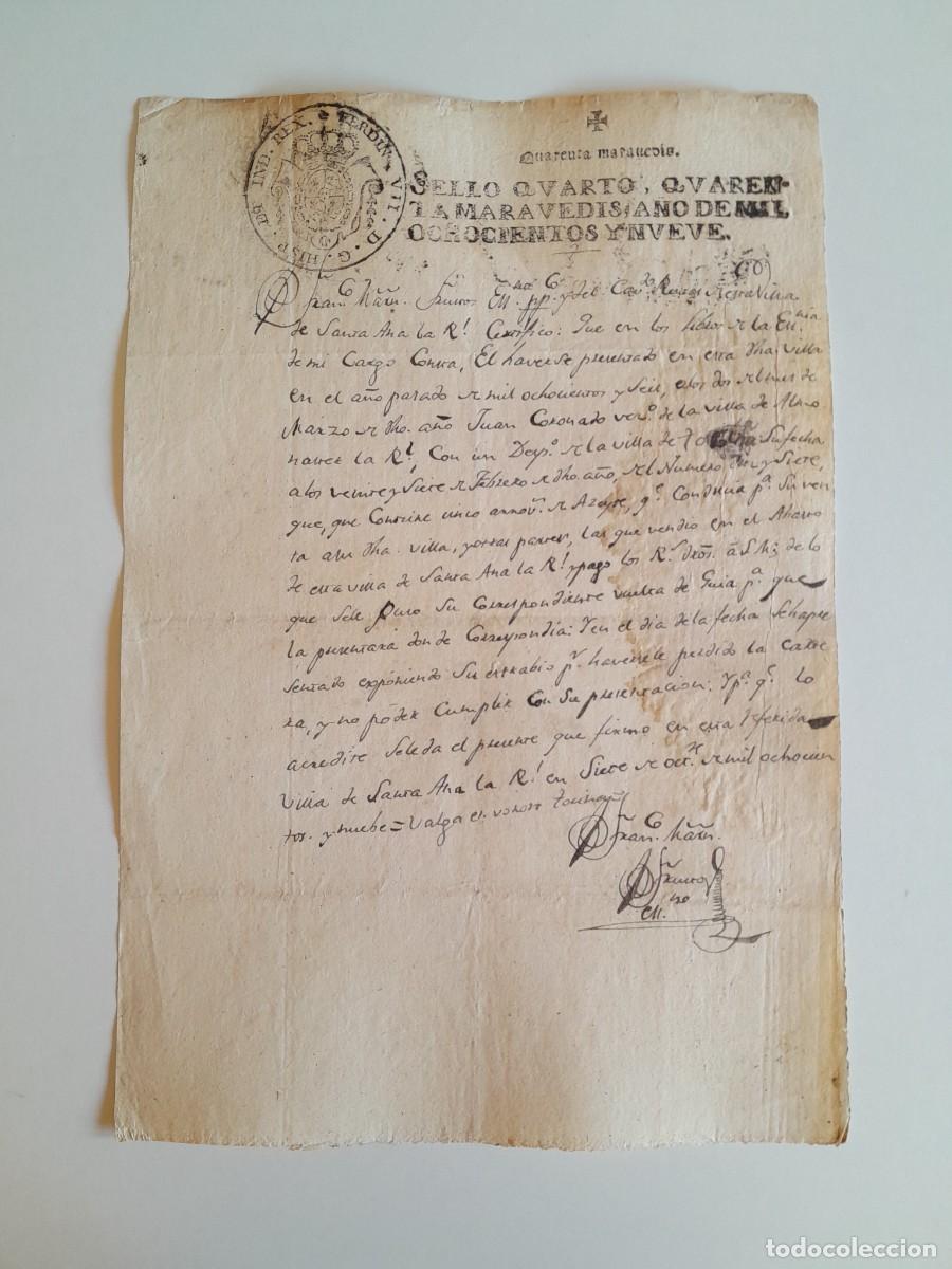 Manuscritos antiguos: PAPEL TIMBRADO DE SELLO CUARTO A&Ntilde;O 1809 - LUGAR DESCONOCIDO