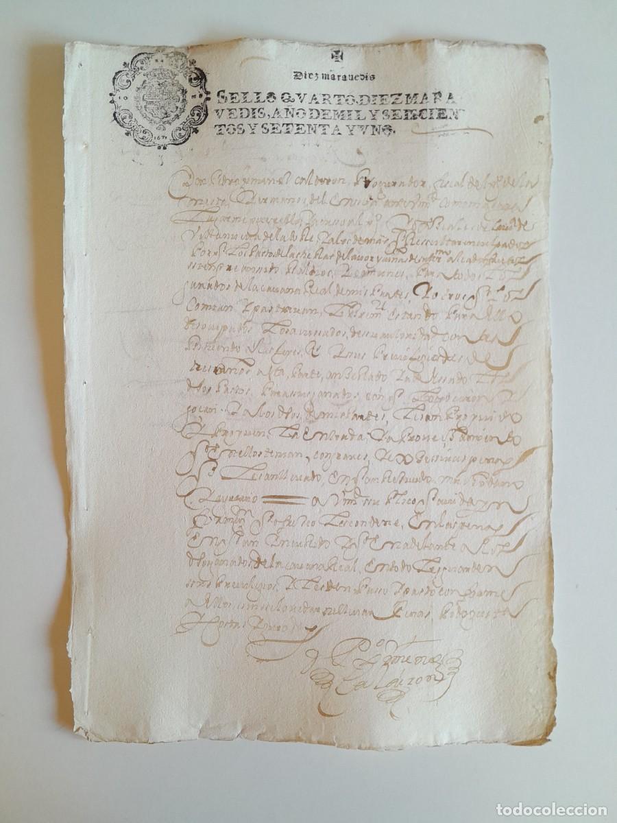 Manuscritos antiguos: PAPEL TIMBRADO DE SELLO CUARTO A&Ntilde;O 1671 - LUGAR DESCONOCIDO