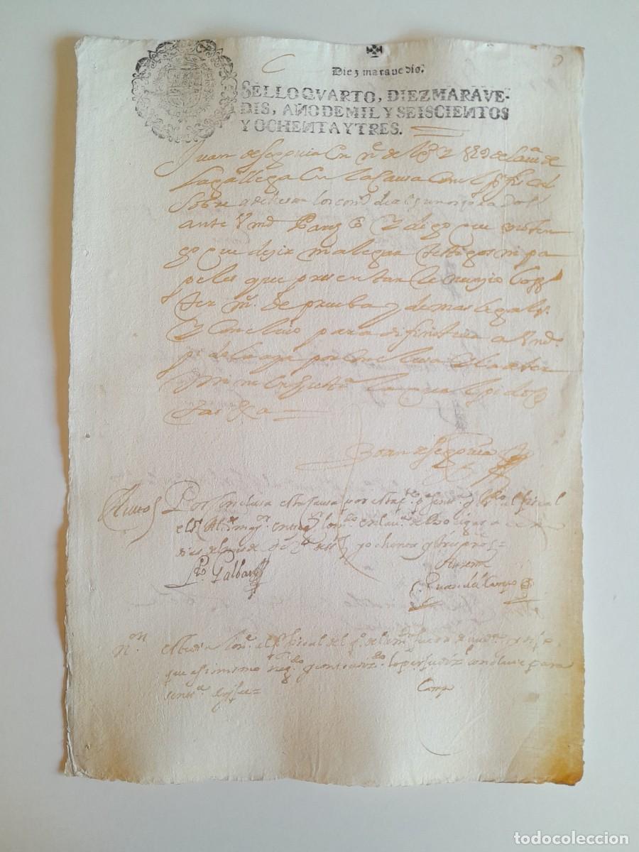 Manuscritos antiguos: PAPEL TIMBRADO DE SELLO CUARTO A&Ntilde;O 1683 - LUGAR DESCONOCIDO