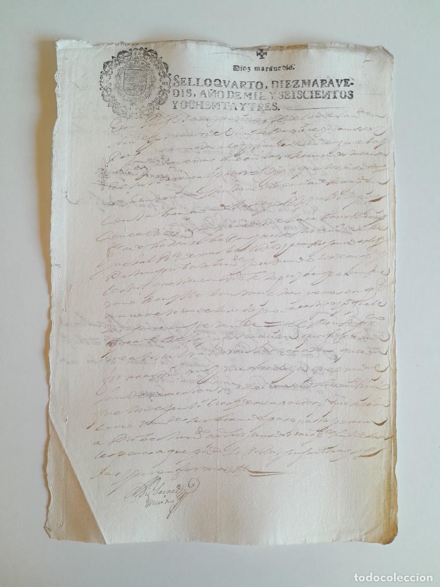 Manuscritos antiguos: PAPEL TIMBRADO DE SELLO CUARTO A&Ntilde;O 1683 - LUGAR DESCONOCIDO