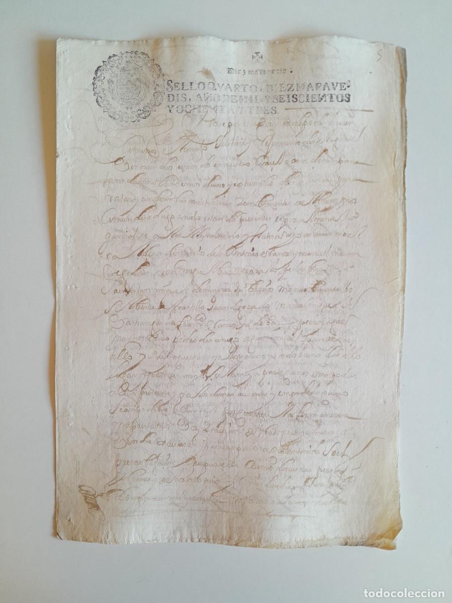 Manuscritos antiguos: PAPEL TIMBRADO DE SELLO CUARTO A&Ntilde;O 1683 - LUGAR DESCONOCIDO