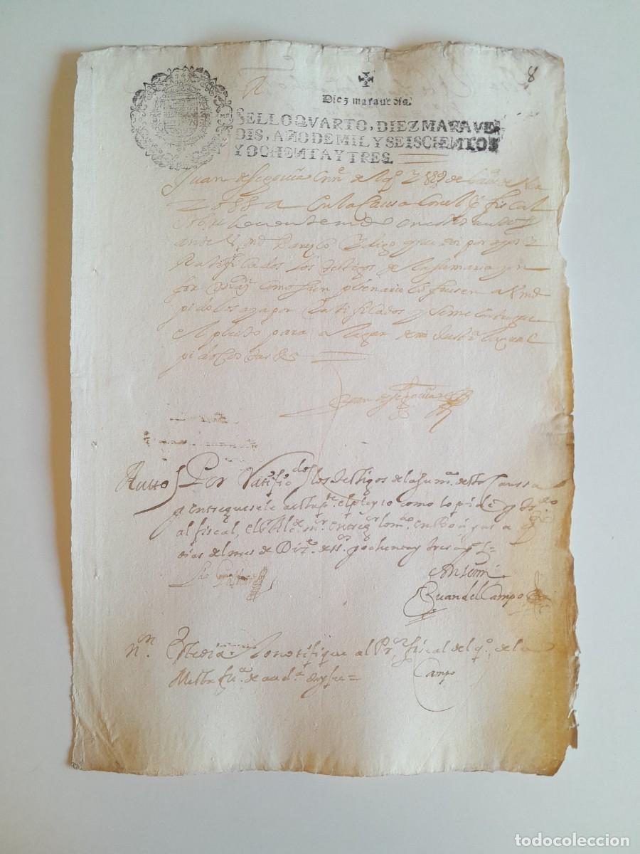 Manuscritos antiguos: PAPEL TIMBRADO DE SELLO CUARTO A&Ntilde;O 1683 - LUGAR DESCONOCIDO