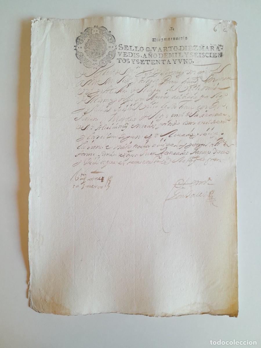 Manuscritos antiguos: PAPEL TIMBRADO DE SELLO CUARTO A&Ntilde;O 1671 - LUGAR DESCONOCIDO