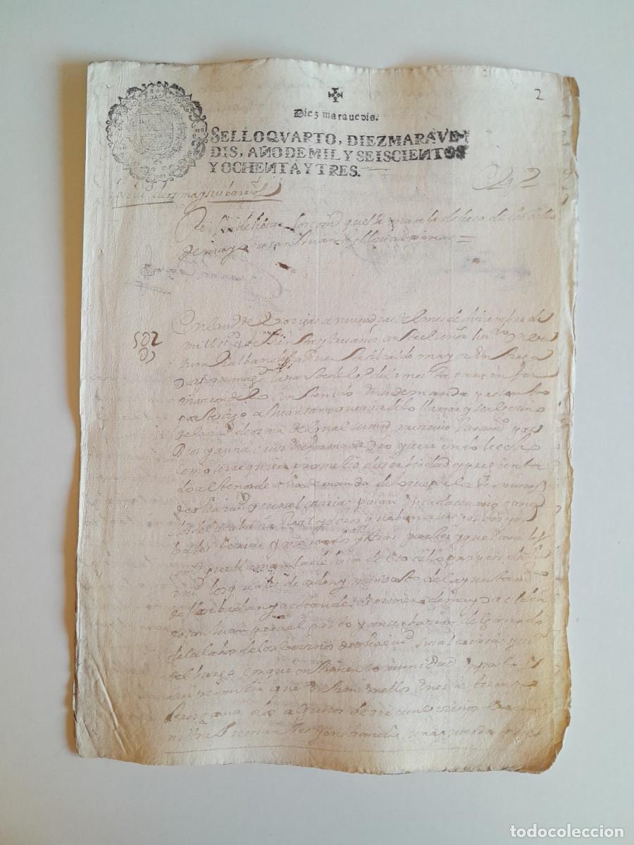 Manuscritos antiguos: PAPEL TIMBRADO DE SELLO CUARTO A&Ntilde;O 1683 - LUGAR DESCONOCIDO
