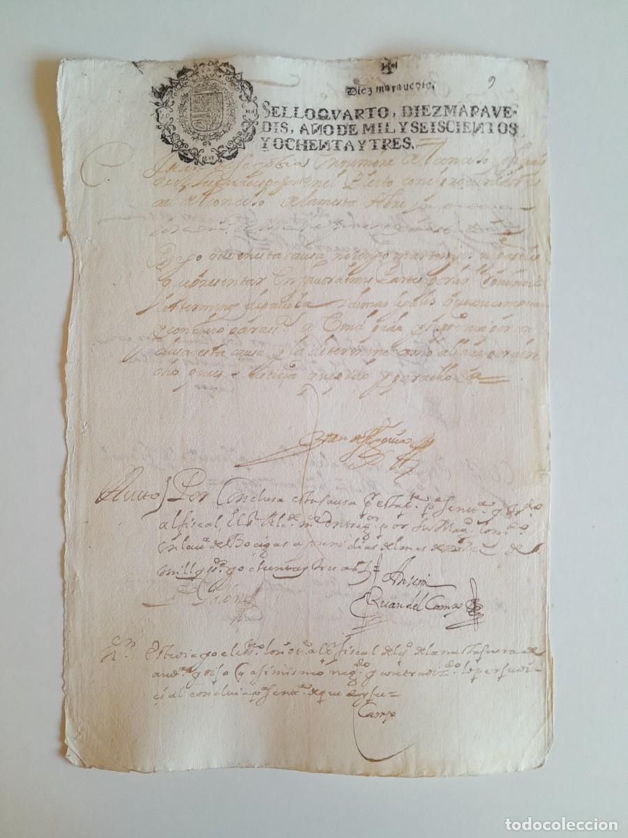 Manuscritos antiguos: PAPEL TIMBRADO DE SELLO CUARTO A&Ntilde;O 1683 - LUGAR DESCONOCIDO