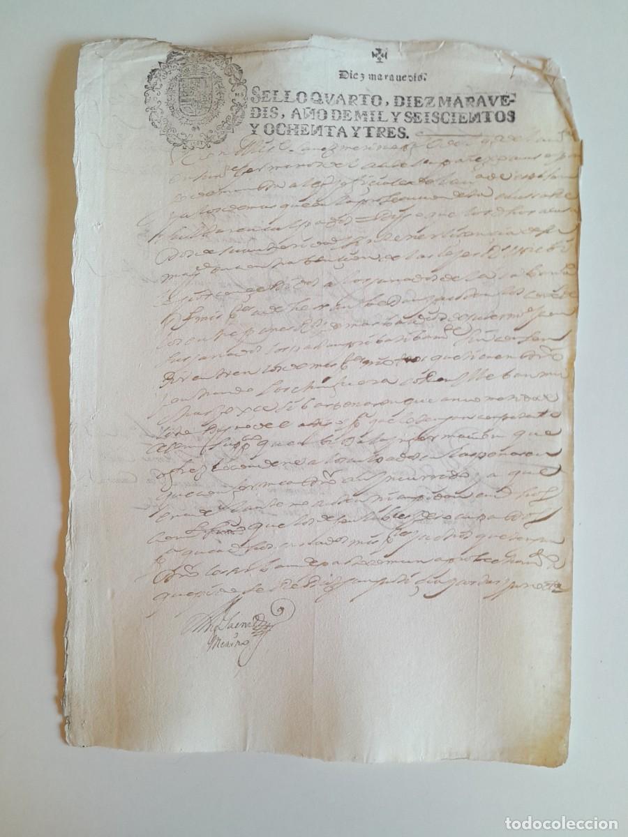 Manuscritos antiguos: PAPEL TIMBRADO DE SELLO CUARTO A&Ntilde;O 1683 - LUGAR DESCONOCIDO