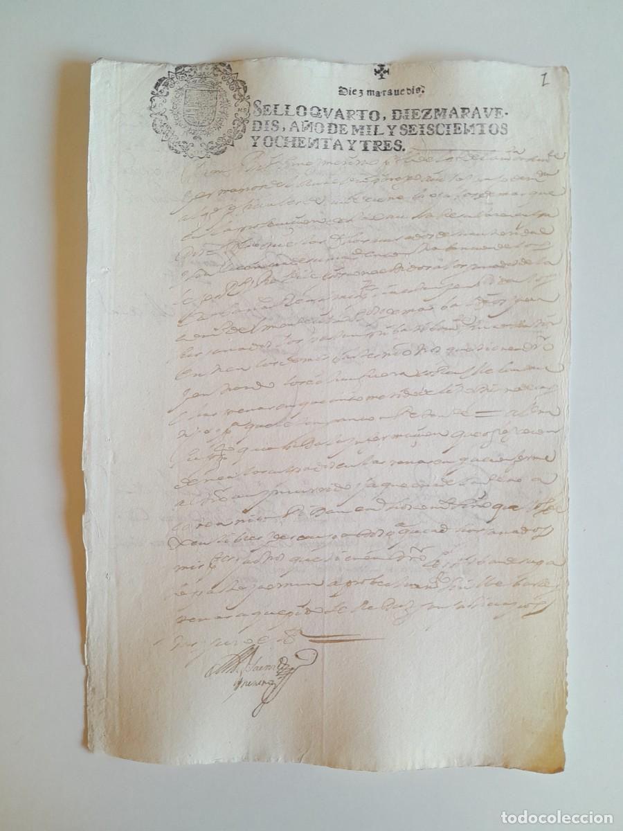 Manuscritos antiguos: PAPEL TIMBRADO DE SELLO CUARTO A&Ntilde;O 1683 - LUGAR DESCONOCIDO