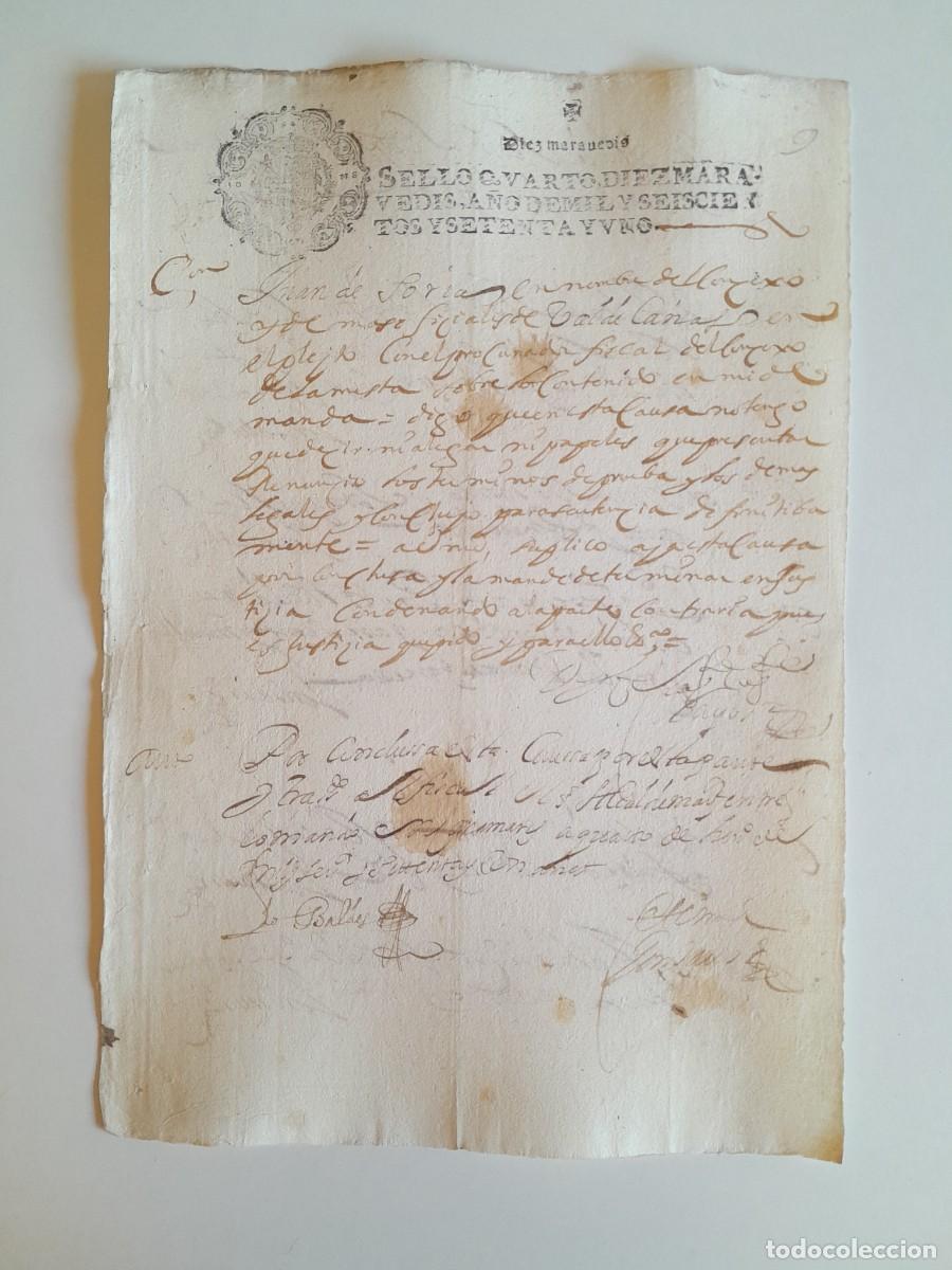Manuscritos antiguos: PAPEL TIMBRADO DE SELLO CUARTO A&Ntilde;O 1671 - LUGAR DESCONOCIDO