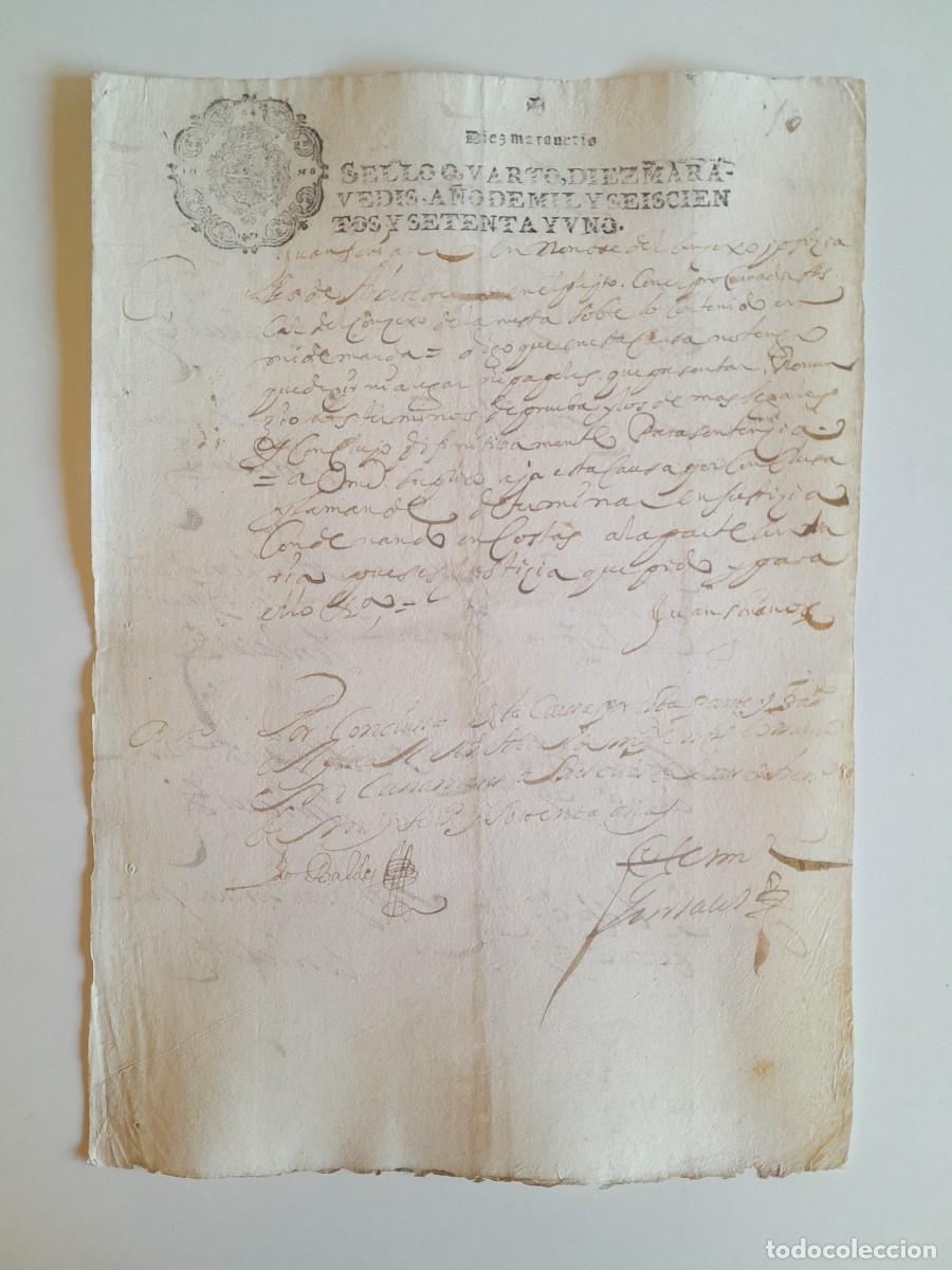Manuscritos antiguos: PAPEL TIMBRADO DE SELLO CUARTO A&Ntilde;O 1671 - LUGAR DESCONOCIDO