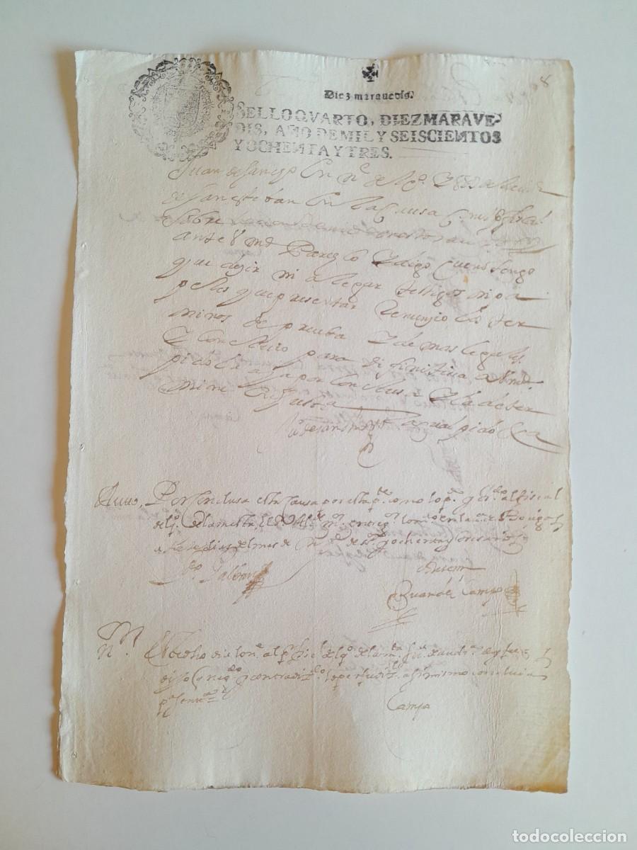 Manuscritos antiguos: PAPEL TIMBRADO DE SELLO CUARTO A&Ntilde;O 1683 - LUGAR DESCONOCIDO