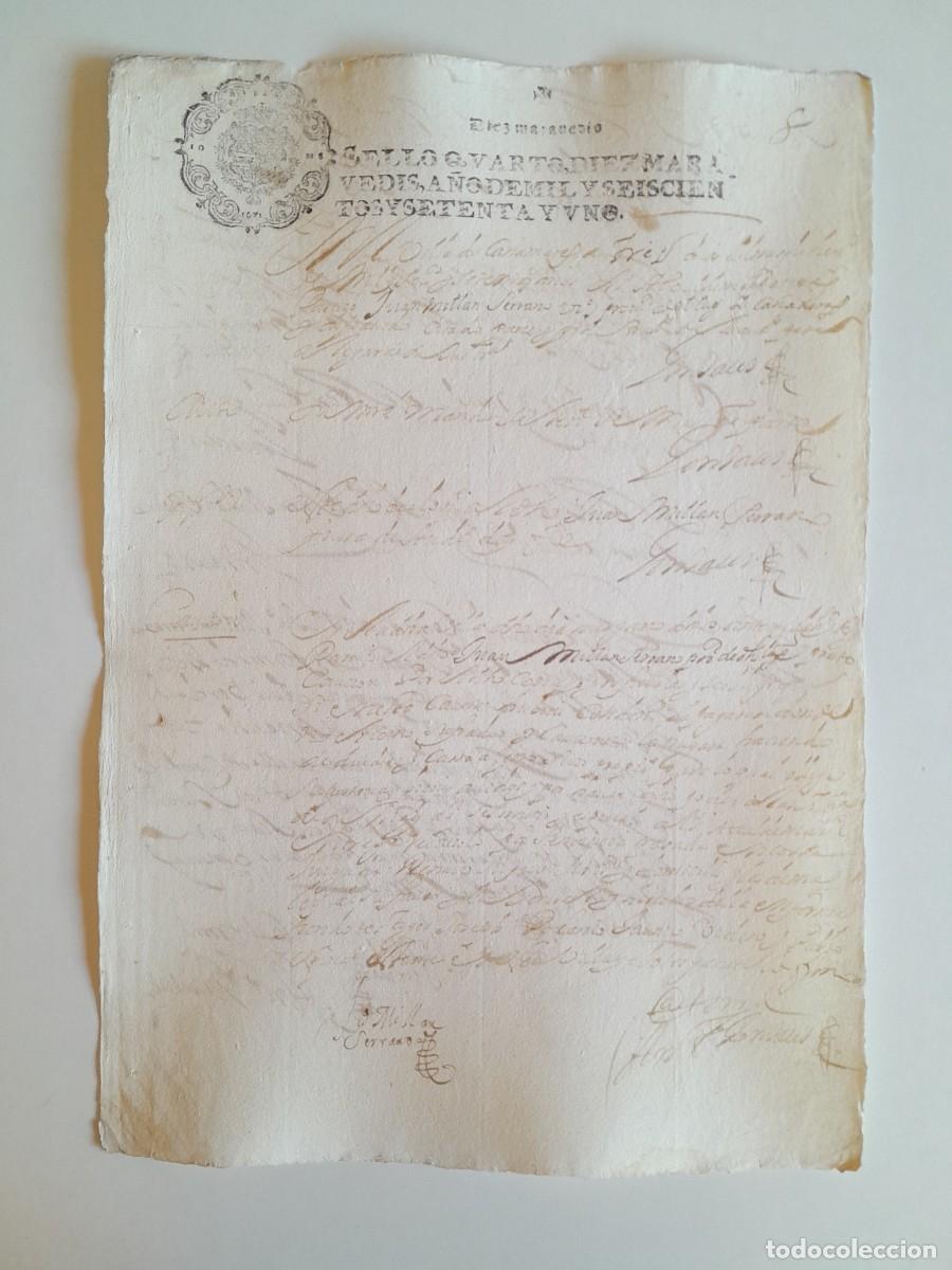 Manuscritos antiguos: PAPEL TIMBRADO DE SELLO CUARTO A&Ntilde;O 1671 - LUGAR DESCONOCIDO