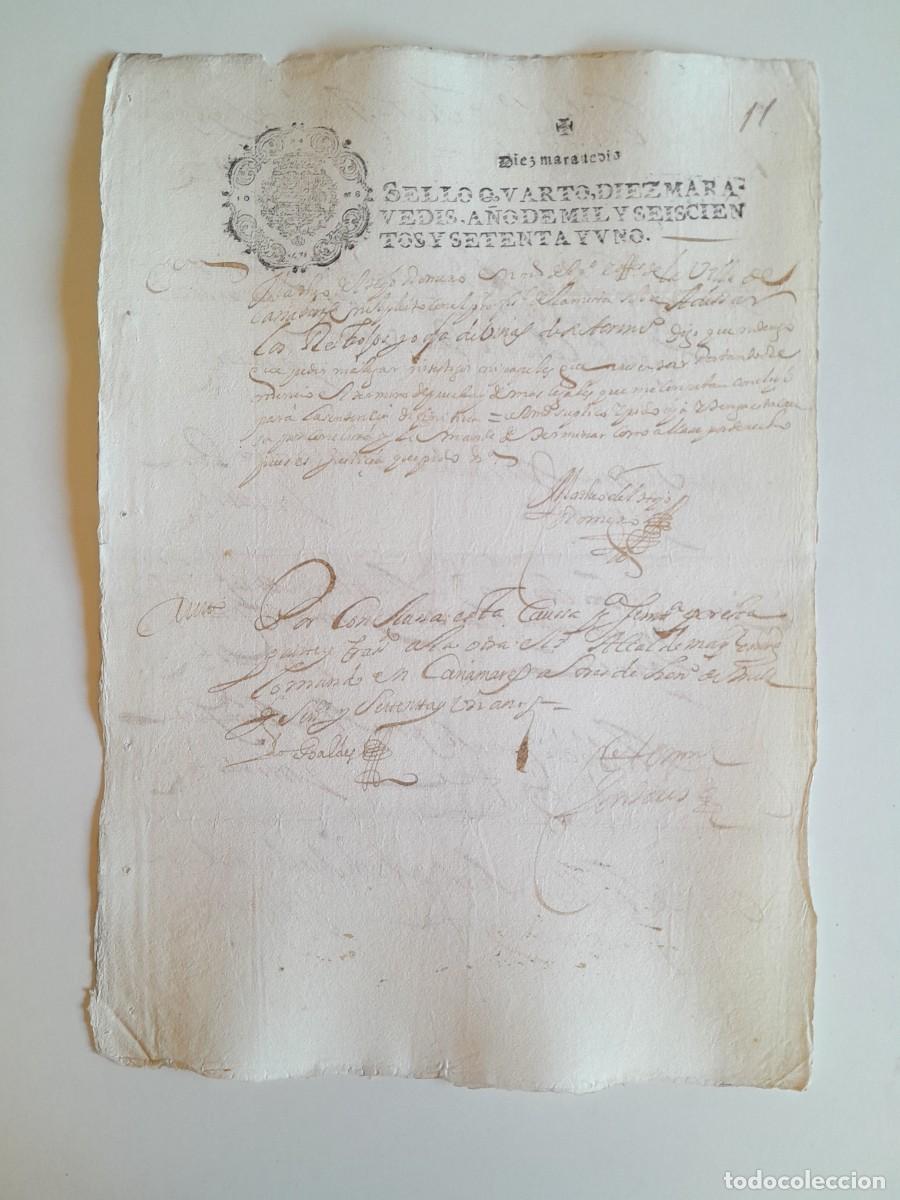 Manuscritos antiguos: PAPEL TIMBRADO DE SELLO CUARTO A&Ntilde;O 1671 - LUGAR DESCONOCIDO