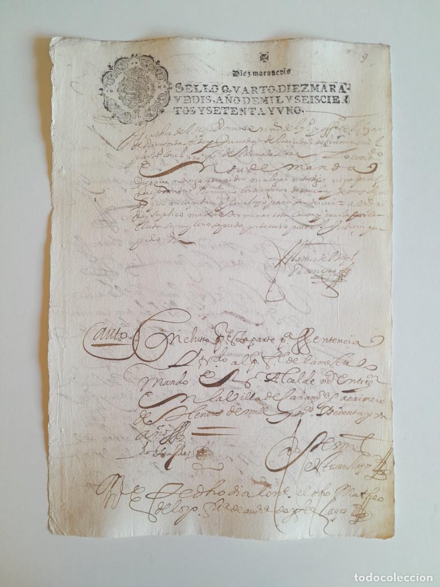 Manuscritos antiguos: PAPEL TIMBRADO DE SELLO CUARTO A&Ntilde;O 1671 - LUGAR DESCONOCIDO