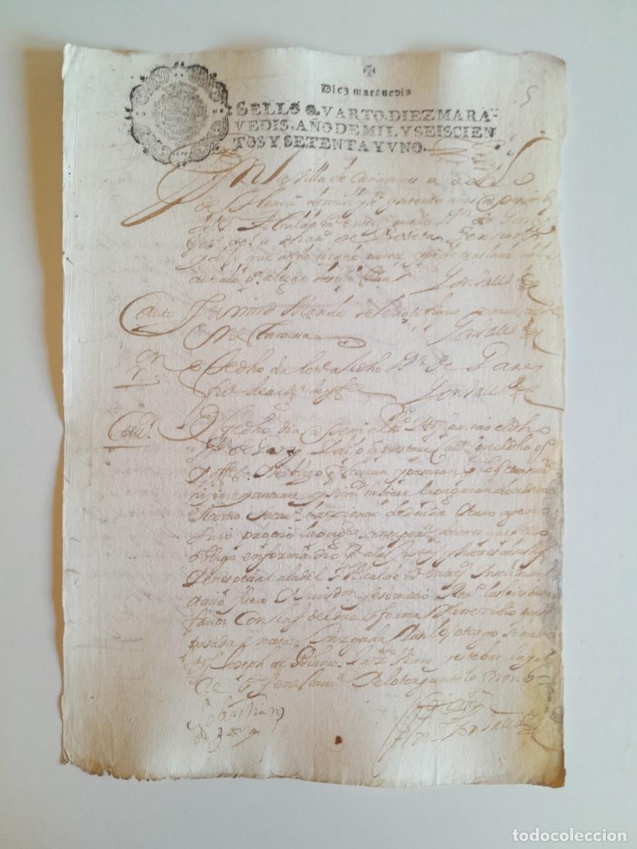 Manuscritos antiguos: PAPEL TIMBRADO DE SELLO CUARTO A&Ntilde;O 1671 - LUGAR DESCONOCIDO