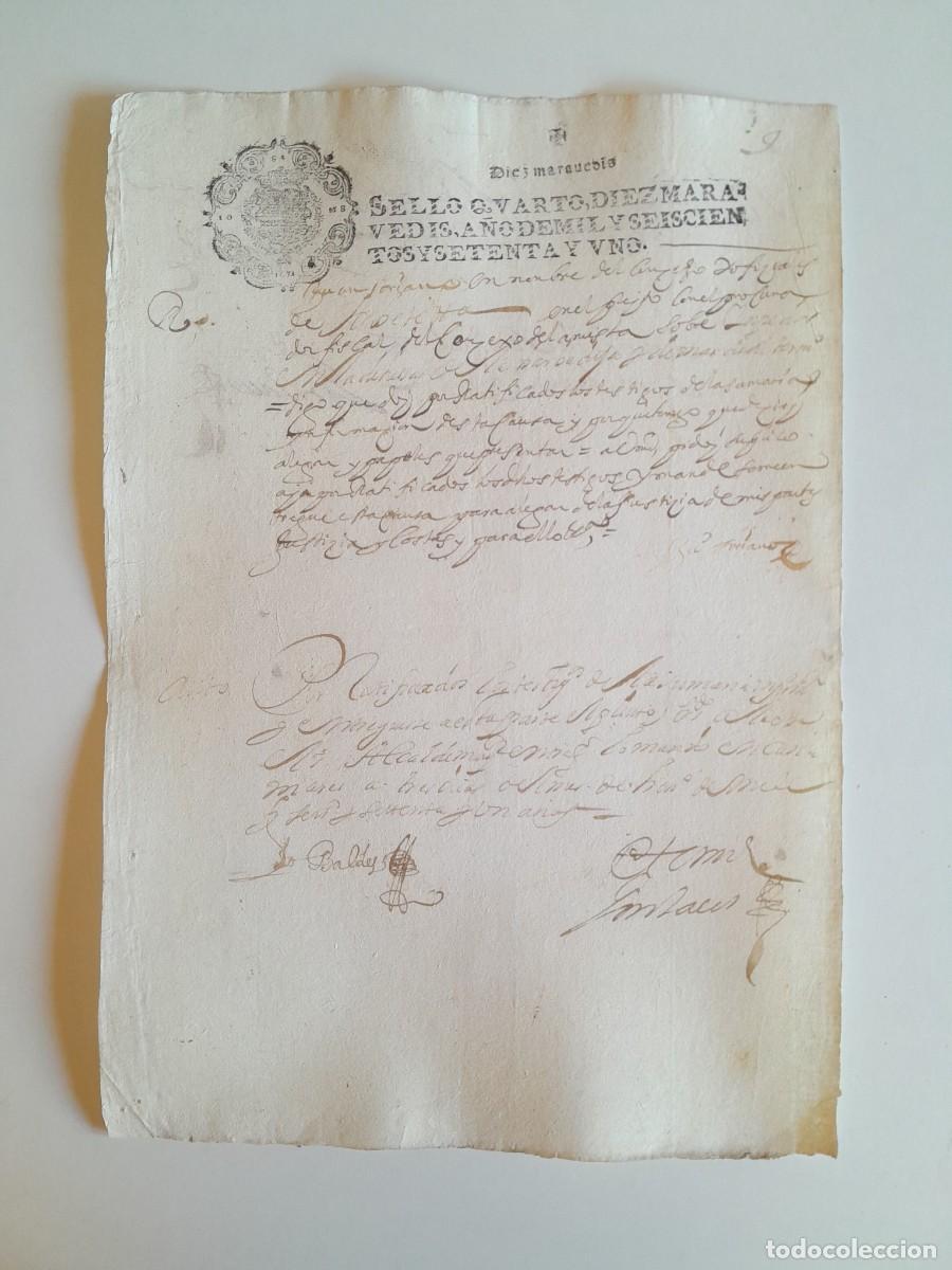 Manuscritos antiguos: PAPEL TIMBRADO DE SELLO CUARTO A&Ntilde;O 1671 - LUGAR DESCONOCIDO