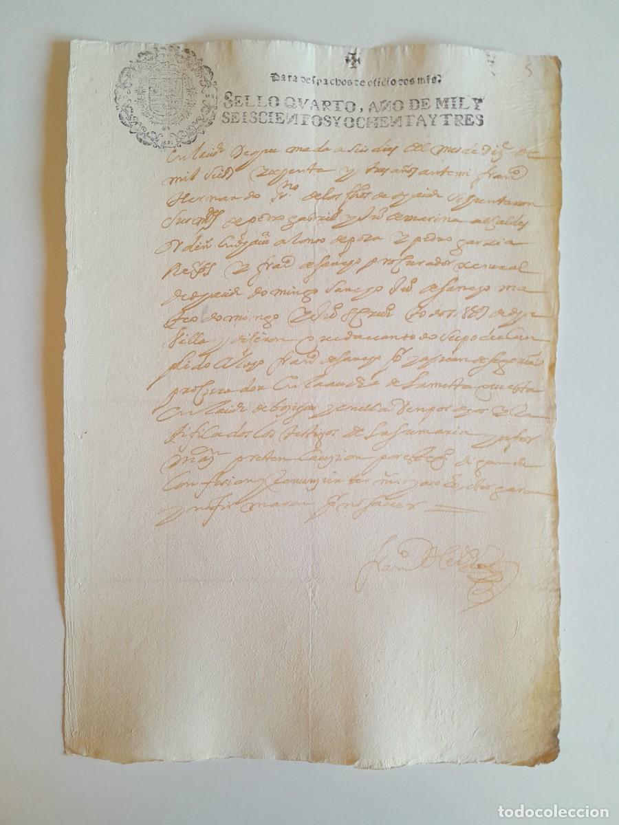 Manuscritos antiguos: PAPEL TIMBRADO DE SELLO CUARTO A&Ntilde;O 1683 - LUGAR DESCONOCIDO