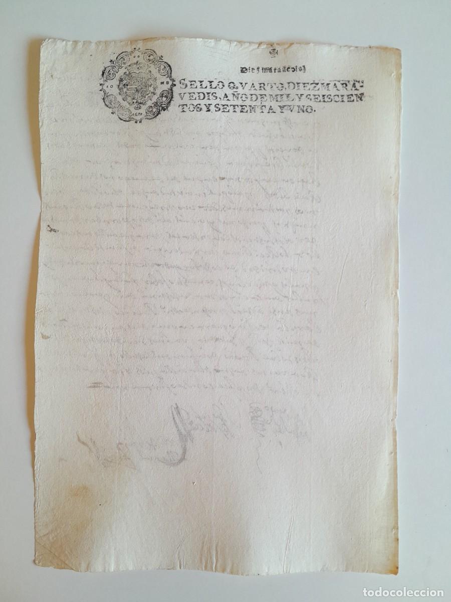 Manuscritos antiguos: PAPEL TIMBRADO DE SELLO CUARTO A&Ntilde;O 1671 - LUGAR DESCONOCIDO