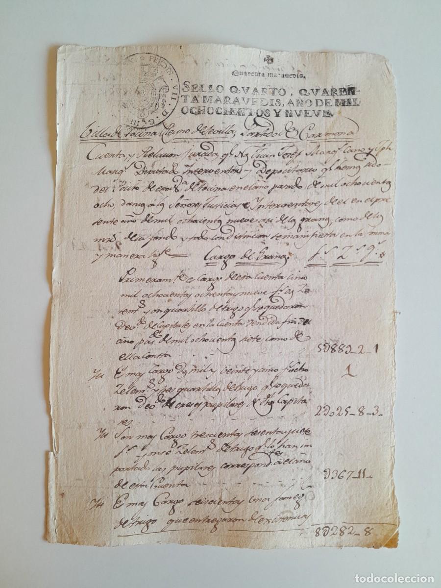 Manuscritos antiguos: PAPEL TIMBRADO DE SELLO CUARTO A&Ntilde;O 1809 - TOCINA (SEVILLA, ANDALUC&Iacute;A)