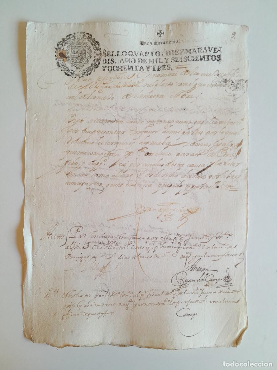 Manuscritos antiguos: PAPEL TIMBRADO DE SELLO CUARTO A&Ntilde;O 1683 - LUGAR DESCONOCIDO
