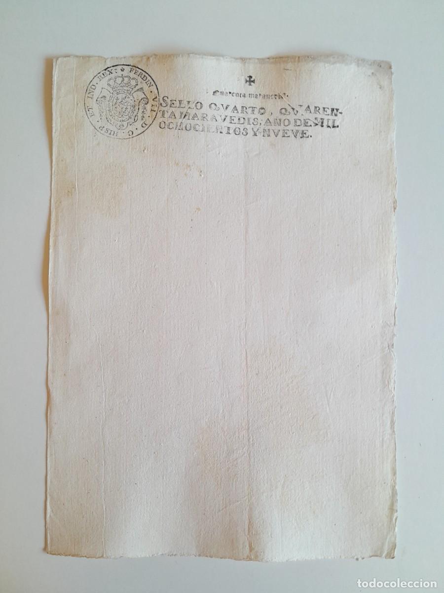 Manuscritos antiguos: PAPEL TIMBRADO DE SELLO CUARTO A&Ntilde;O 1809 - EN BLANCO