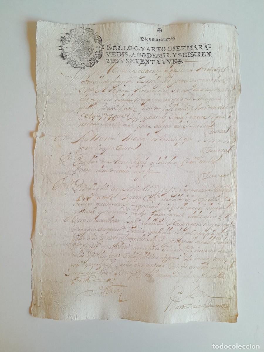 Manuscritos antiguos: PAPEL TIMBRADO DE SELLO CUARTO A&Ntilde;O 1671 - LUGAR DESCONOCIDO