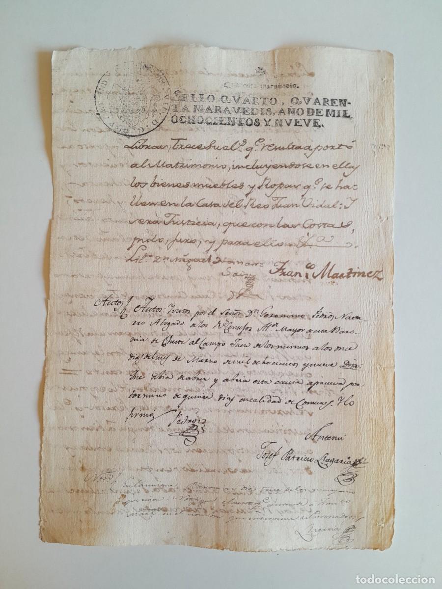 Manuscritos antiguos: PAPEL TIMBRADO DE SELLO CUARTO A&Ntilde;O 1809 - LUGAR DESCONOCIDO