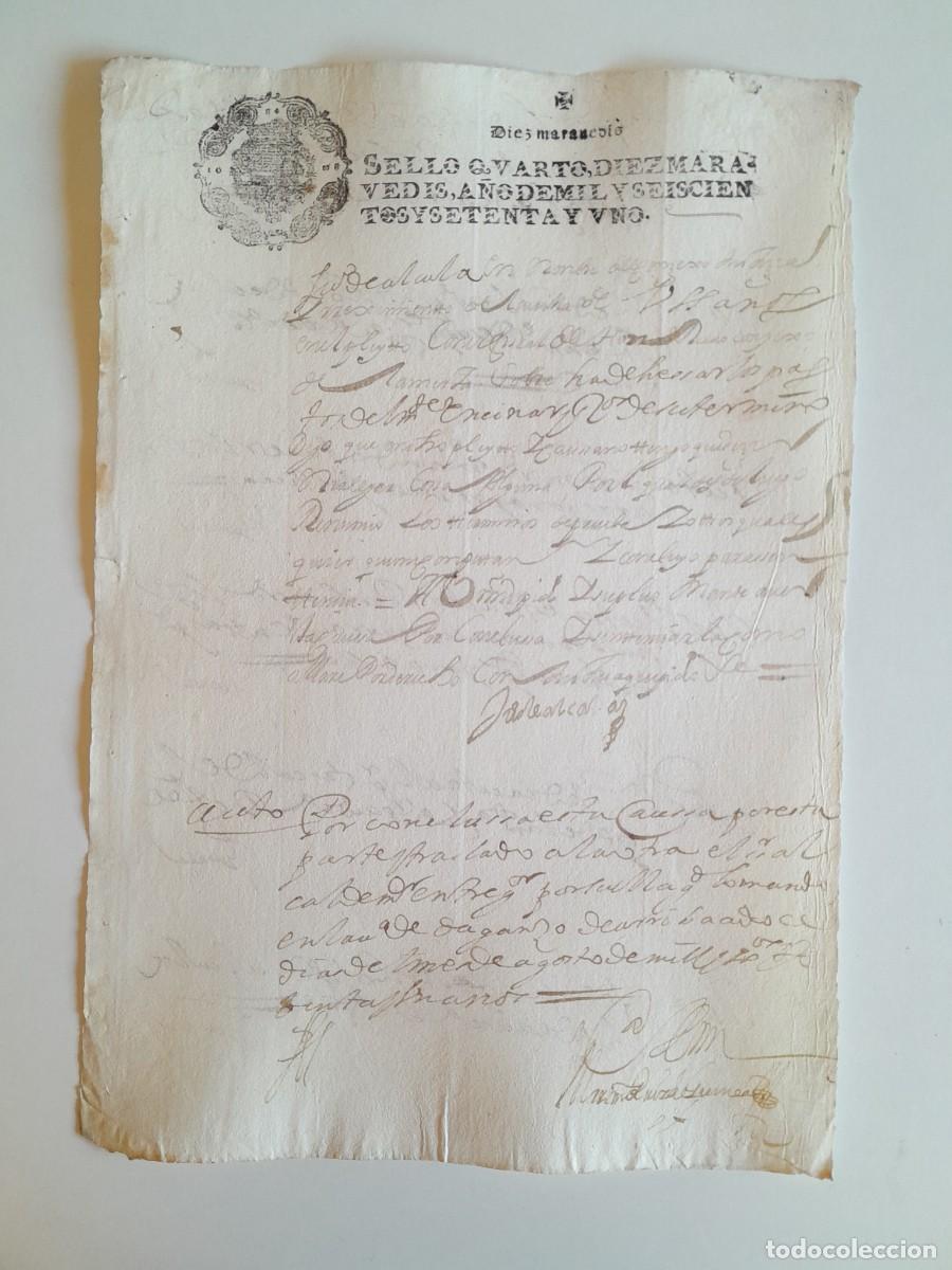 Manuscritos antiguos: PAPEL TIMBRADO DE SELLO CUARTO A&Ntilde;O 1671 - LUGAR DESCONOCIDO