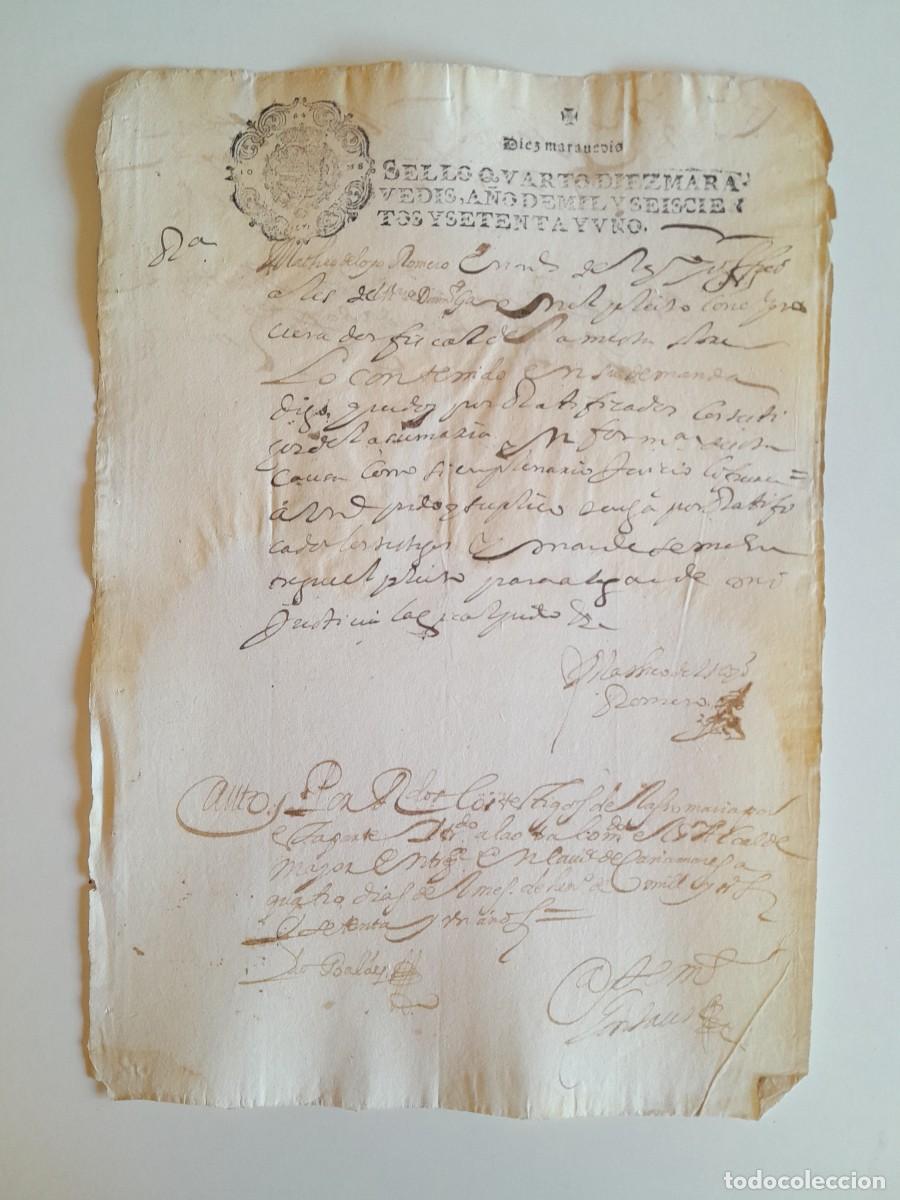 Manuscritos antiguos: PAPEL TIMBRADO DE SELLO CUARTO A&Ntilde;O 1671 - LUGAR DESCONOCIDO