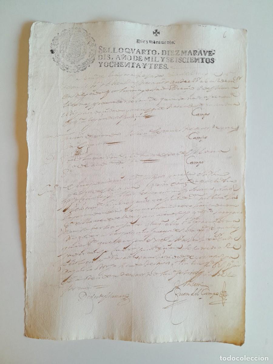 Manuscritos antiguos: PAPEL TIMBRADO DE SELLO CUARTO A&Ntilde;O 1683 - LUGAR DESCONOCIDO
