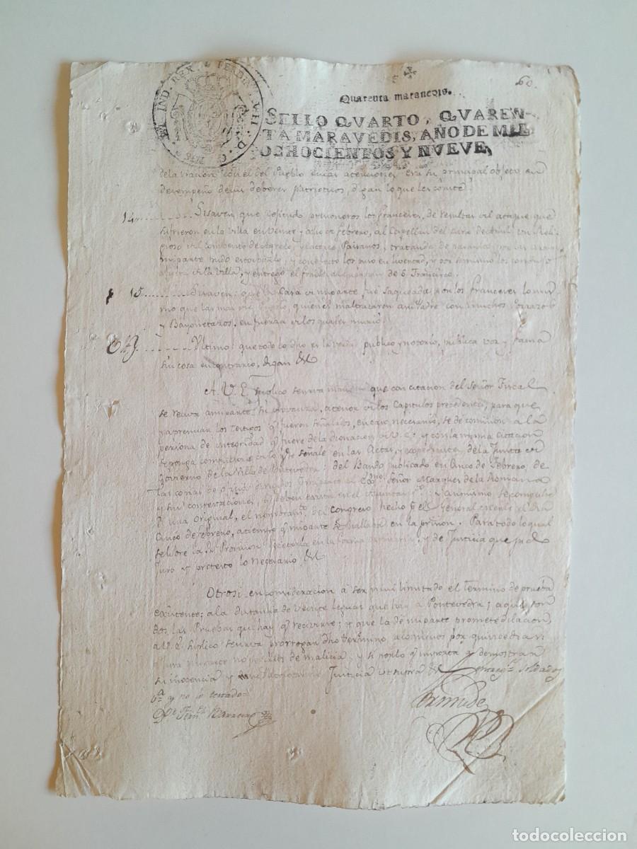 Manuscritos antiguos: PAPEL TIMBRADO DE SELLO CUARTO A&Ntilde;O 1809 - GUERRA DEL FRANC&Egrave;S