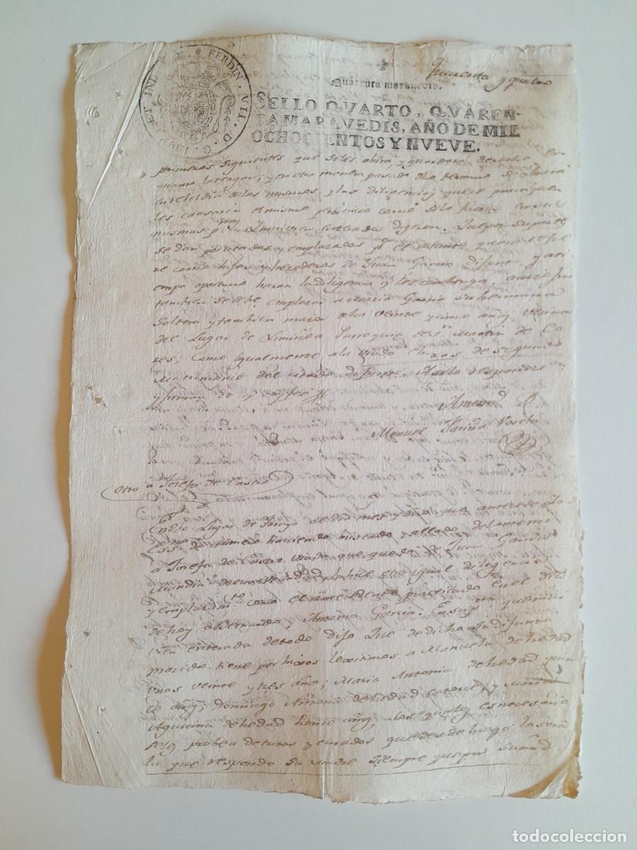 Manuscritos antiguos: PAPEL TIMBRADO DE SELLO CUARTO A&Ntilde;O 1809 - LUGAR DESCONOCIDO