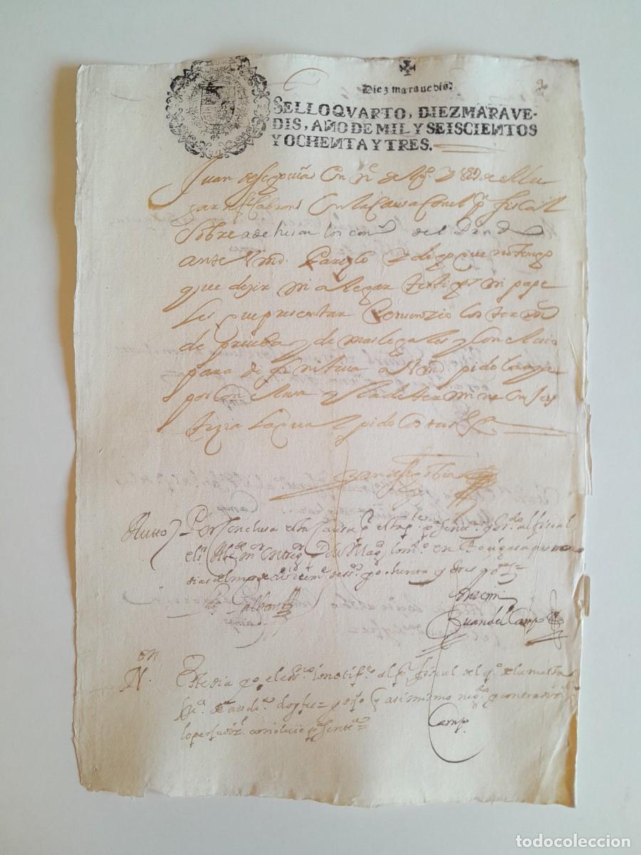 Manuscritos antiguos: PAPEL TIMBRADO DE SELLO CUARTO A&Ntilde;O 1683 - LUGAR DESCONOCIDO