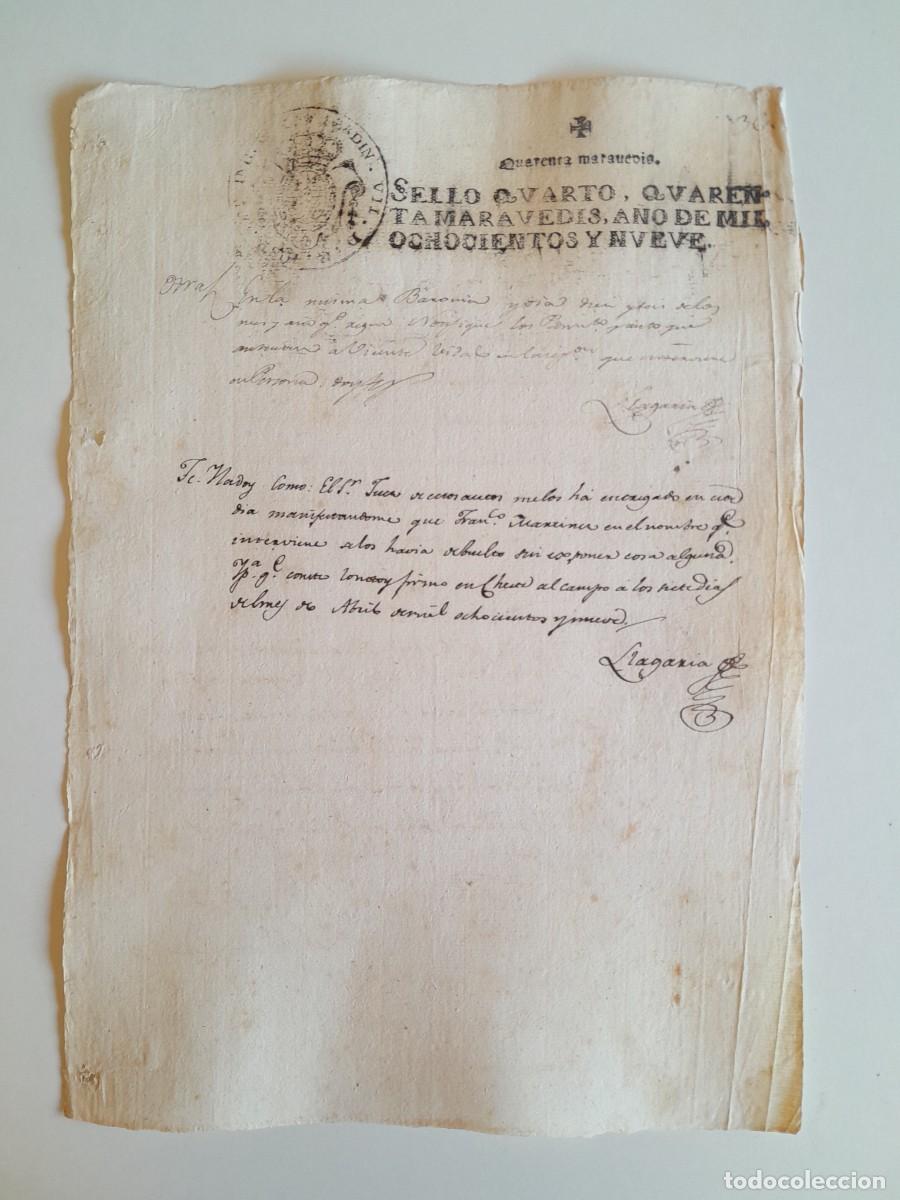 Manuscritos antiguos: PAPEL TIMBRADO DE SELLO CUARTO A&Ntilde;O 1809 - LUGAR DESCONOCIDO