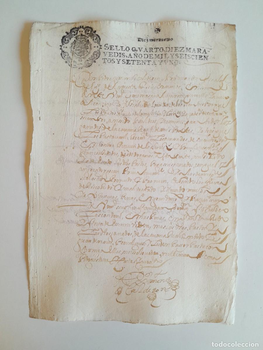 Manuscritos antiguos: PAPEL TIMBRADO DE SELLO CUARTO A&Ntilde;O 1671 - LUGAR DESCONOCIDO