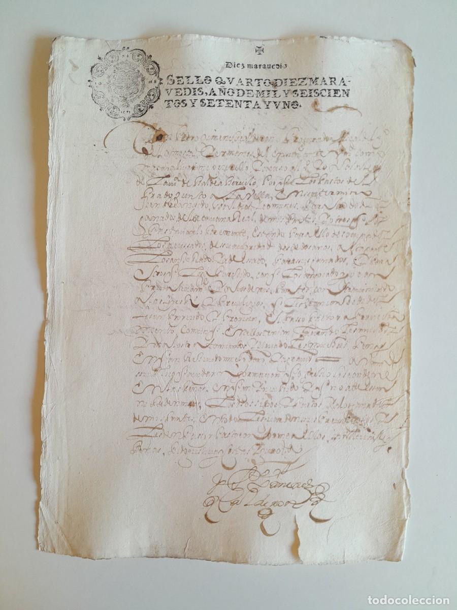 Manuscritos antiguos: PAPEL TIMBRADO DE SELLO CUARTO A&Ntilde;O 1671 - LUGAR DESCONOCIDO