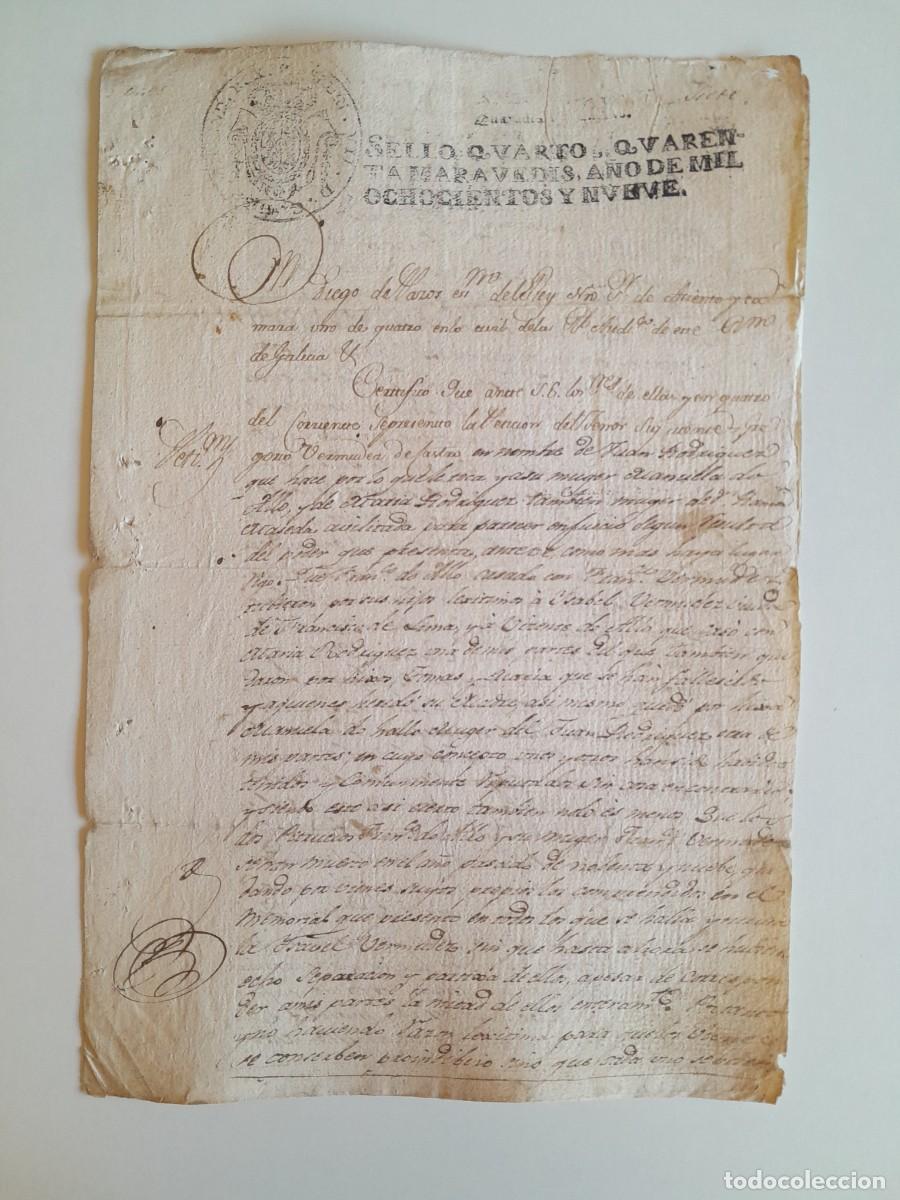 Manuscritos antiguos: PAPEL TIMBRADO DE SELLO CUARTO A&Ntilde;O 1809 - A CORU&Ntilde;A (A CORU&Ntilde;A, GALICIA)