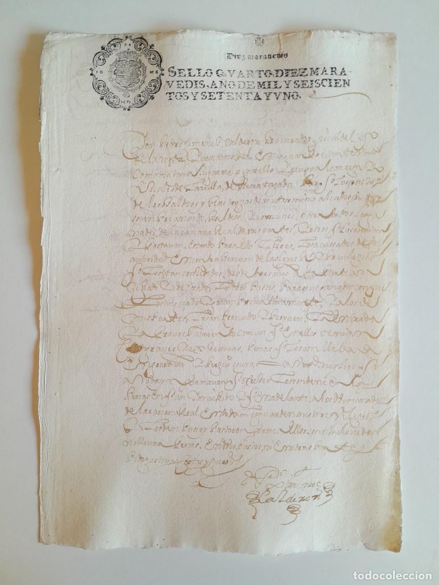 Manuscritos antiguos: PAPEL TIMBRADO DE SELLO CUARTO A&Ntilde;O 1671 - LUGAR DESCONOCIDO