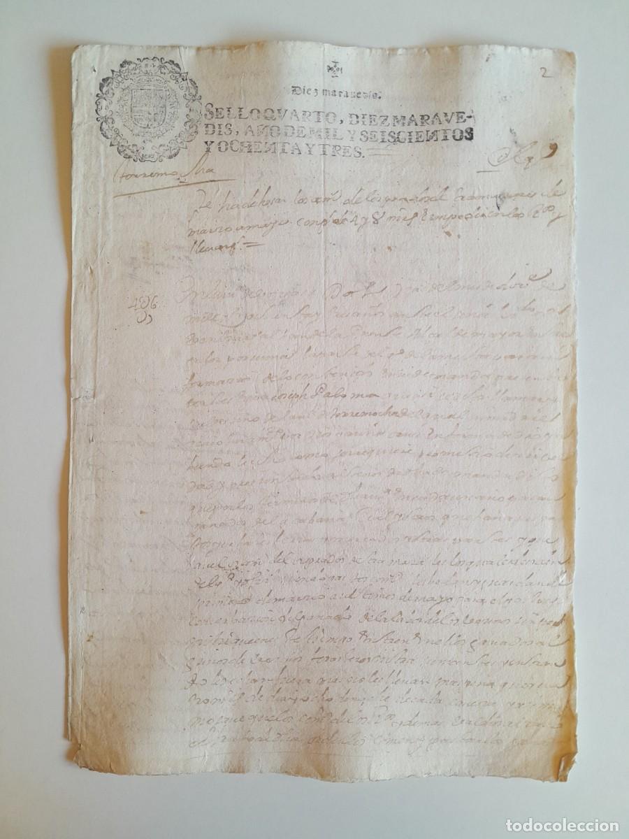 Manuscritos antiguos: PAPEL TIMBRADO DE SELLO CUARTO A&Ntilde;O 1683 - LUGAR DESCONOCIDO
