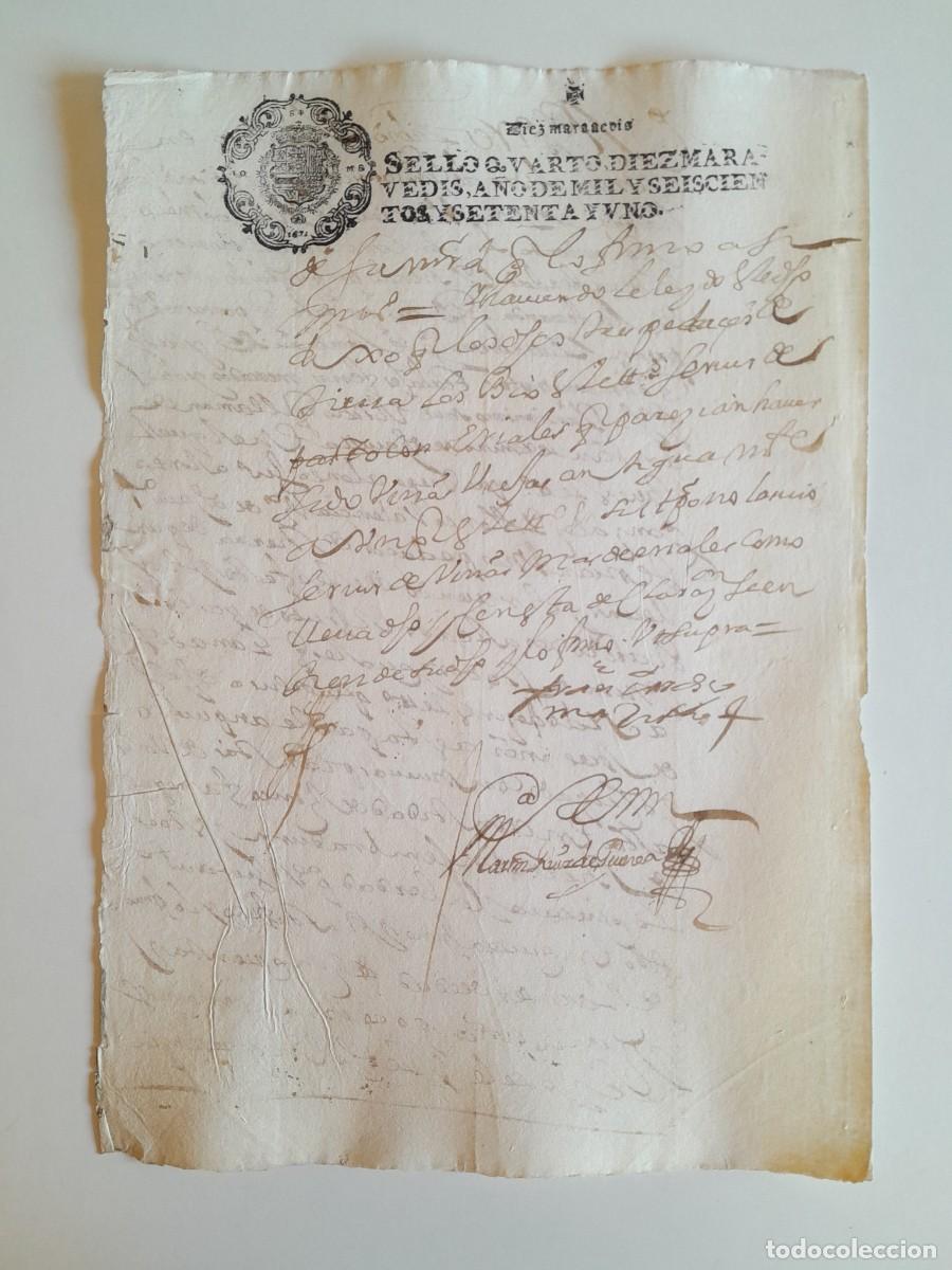Manuscritos antiguos: PAPEL TIMBRADO DE SELLO CUARTO A&Ntilde;O 1671 - LUGAR DESCONOCIDO