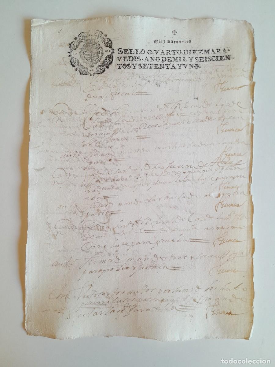 Manuscritos antiguos: PAPEL TIMBRADO DE SELLO CUARTO A&Ntilde;O 1671 - LUGAR DESCONOCIDO