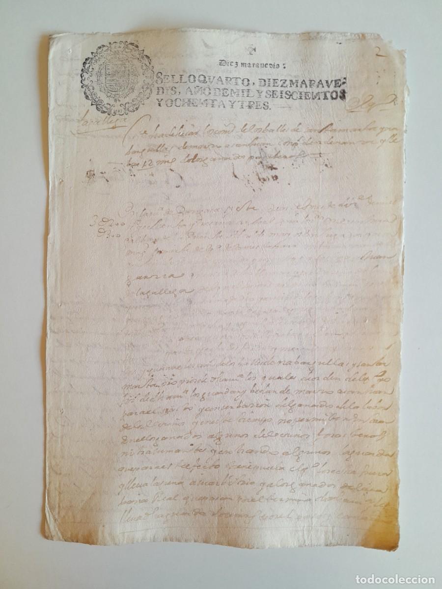 Manuscritos antiguos: PAPEL TIMBRADO DE SELLO CUARTO A&Ntilde;O 1683 - LUGAR DESCONOCIDO